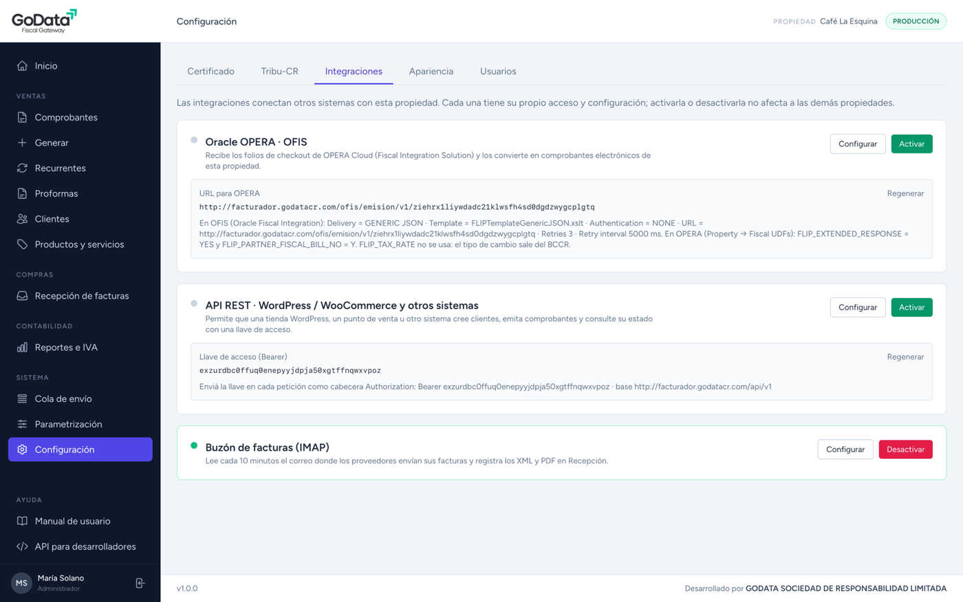 Integraciones del Facturador: OPERA OFIS, API, buzón y punto de venta