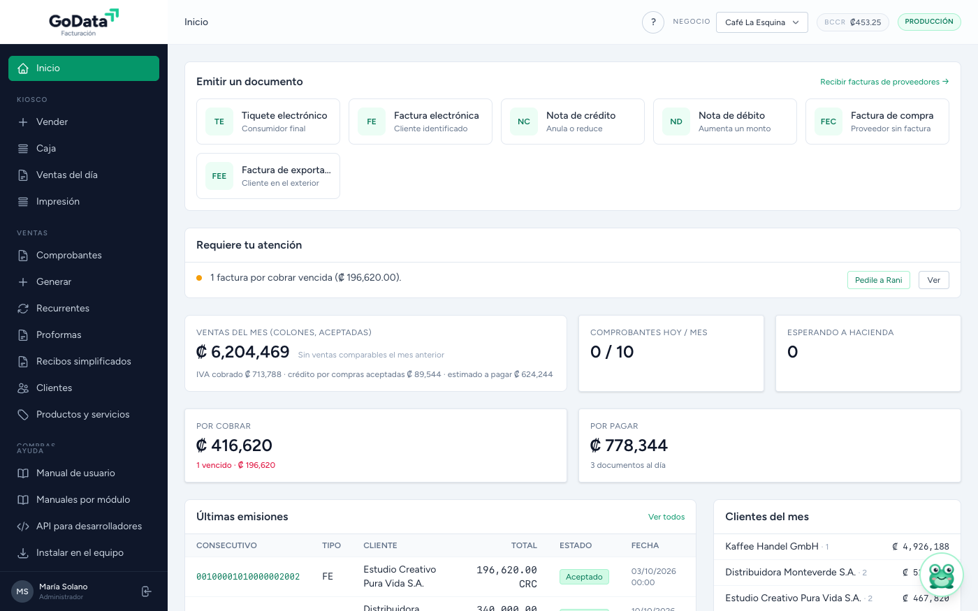 Panel de GoData Facturación con ventas del mes y comprobantes