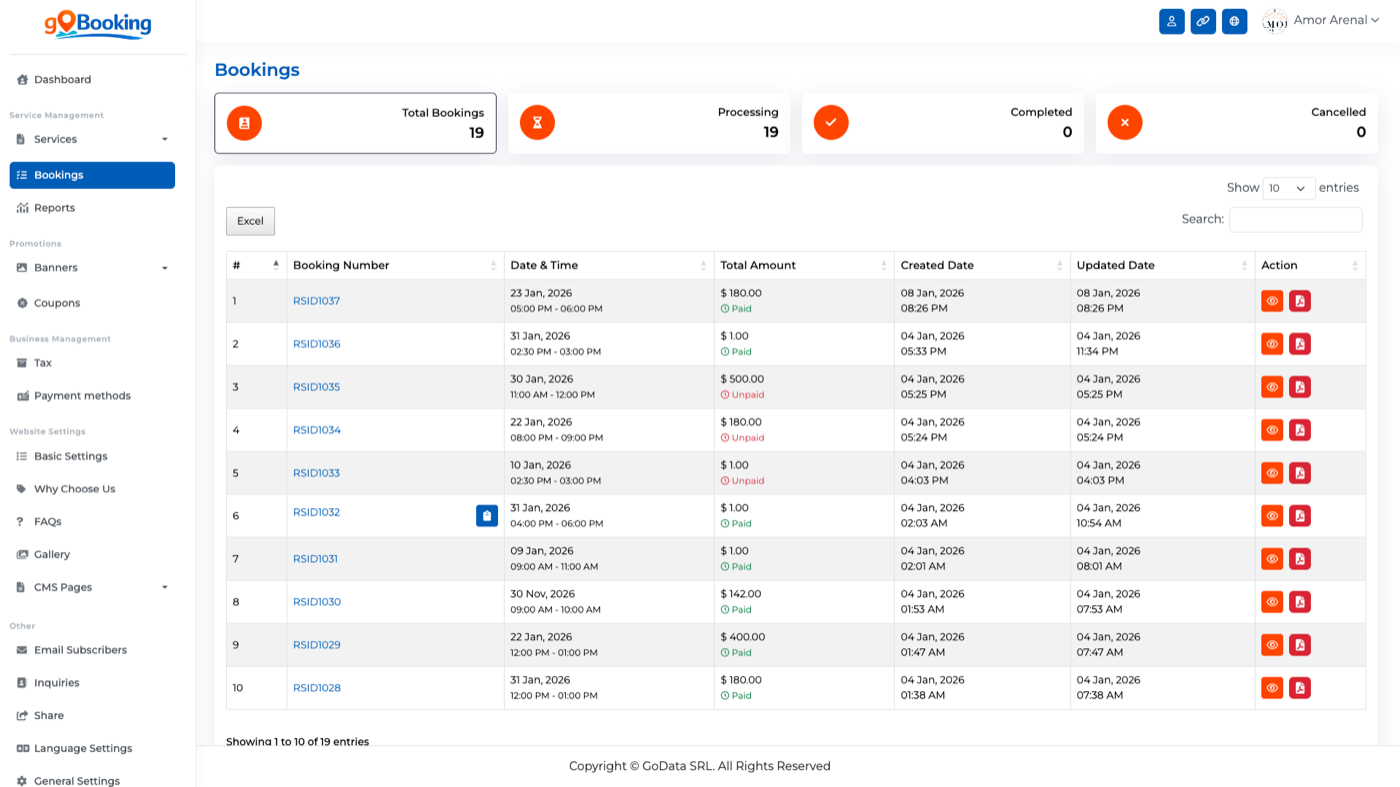Panel de reservas de GoBooking