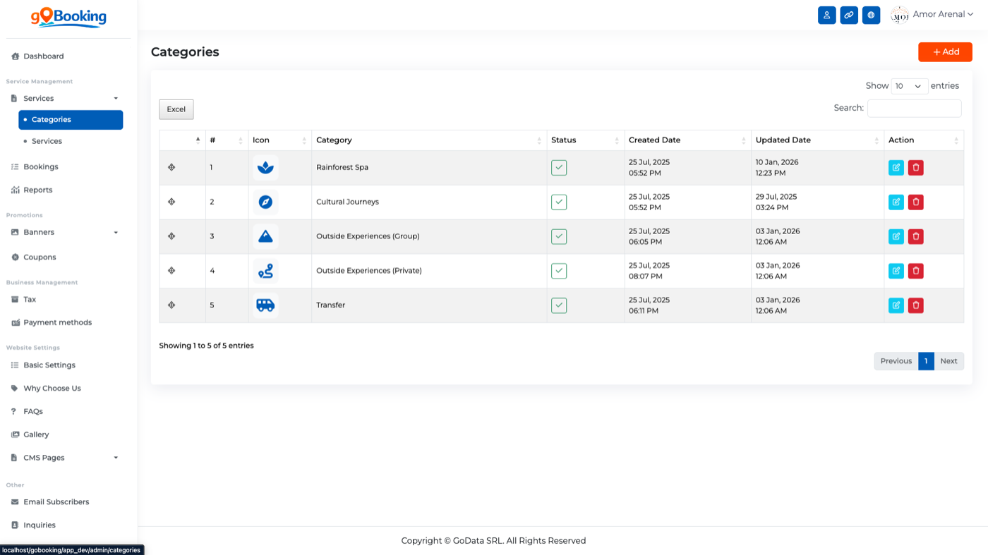 Categorías de servicios en GoBooking