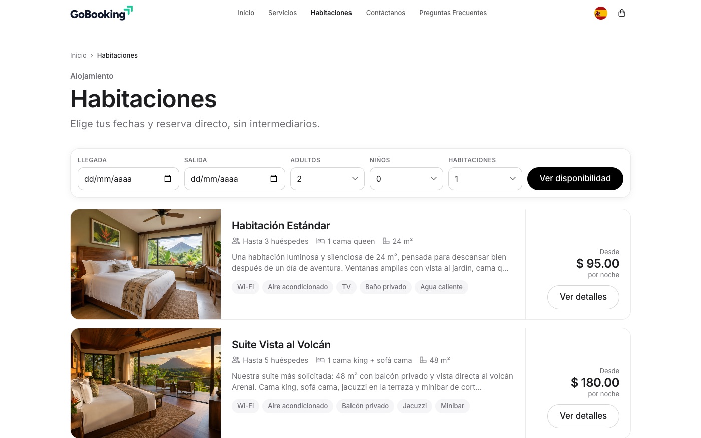 Página de reservas de GoBooking con habitaciones y precio por noche