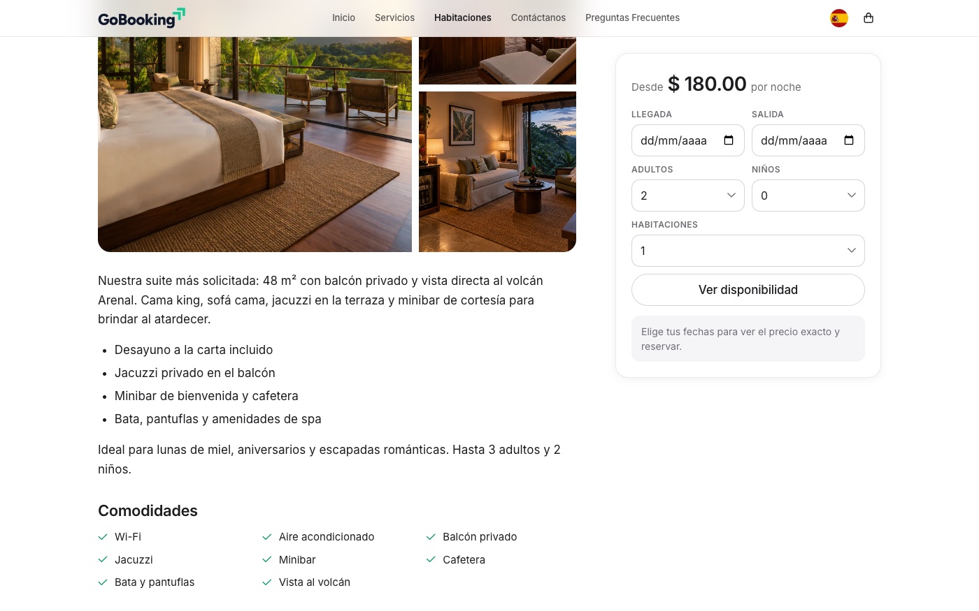 Detalle de una suite con galería y reserva por fechas