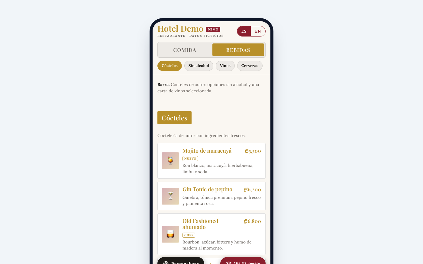 Menú de bebidas en estilo elegante