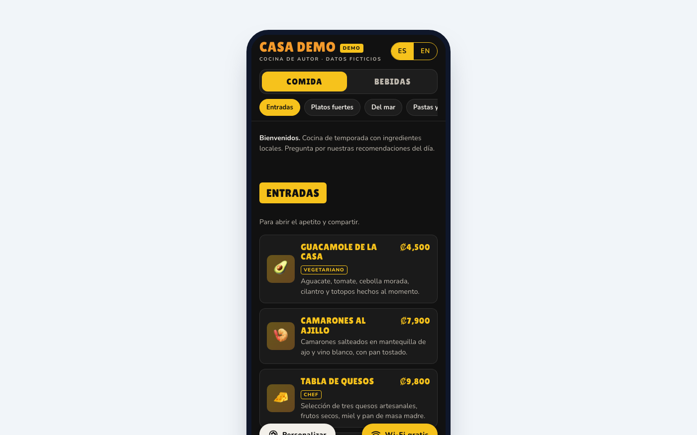 Menú de comida con entradas, precios y etiquetas