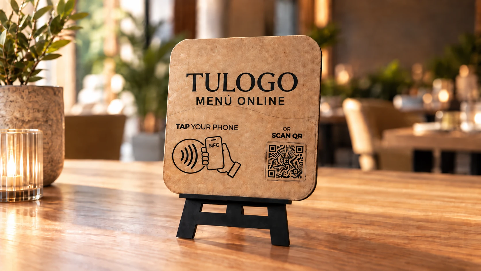 Menú físico cuadrado con NFC y QR sobre una mesa de restaurante