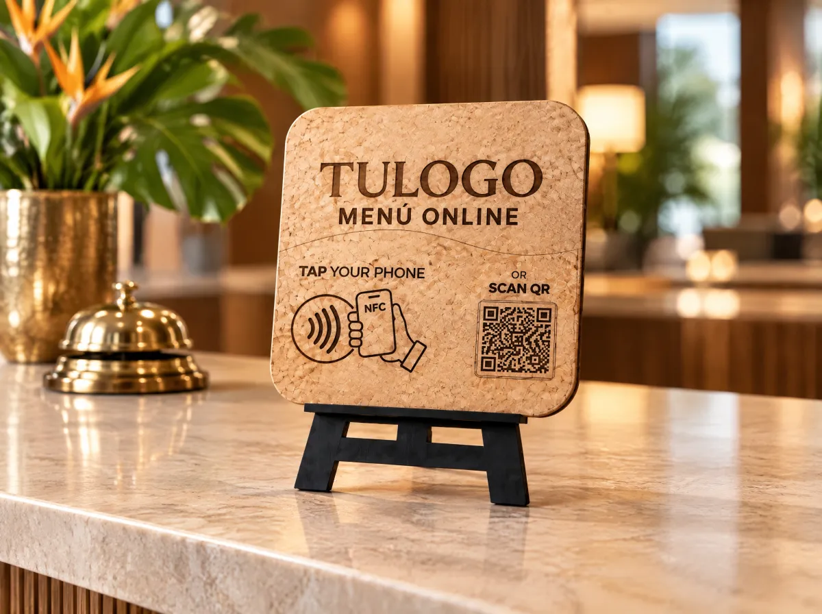 Modelo Cuadrado: menú con atril, NFC y QR sobre el mostrador de recepción de un hotel
