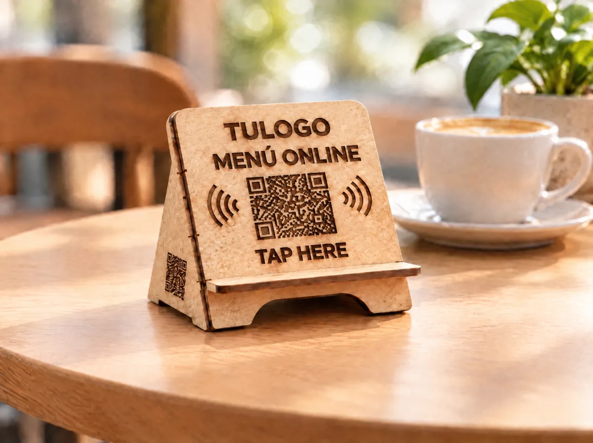 Modelo Mini: menú pequeño de cartón piedra grabado en láser con QR y NFC sobre una mesa de cafetería