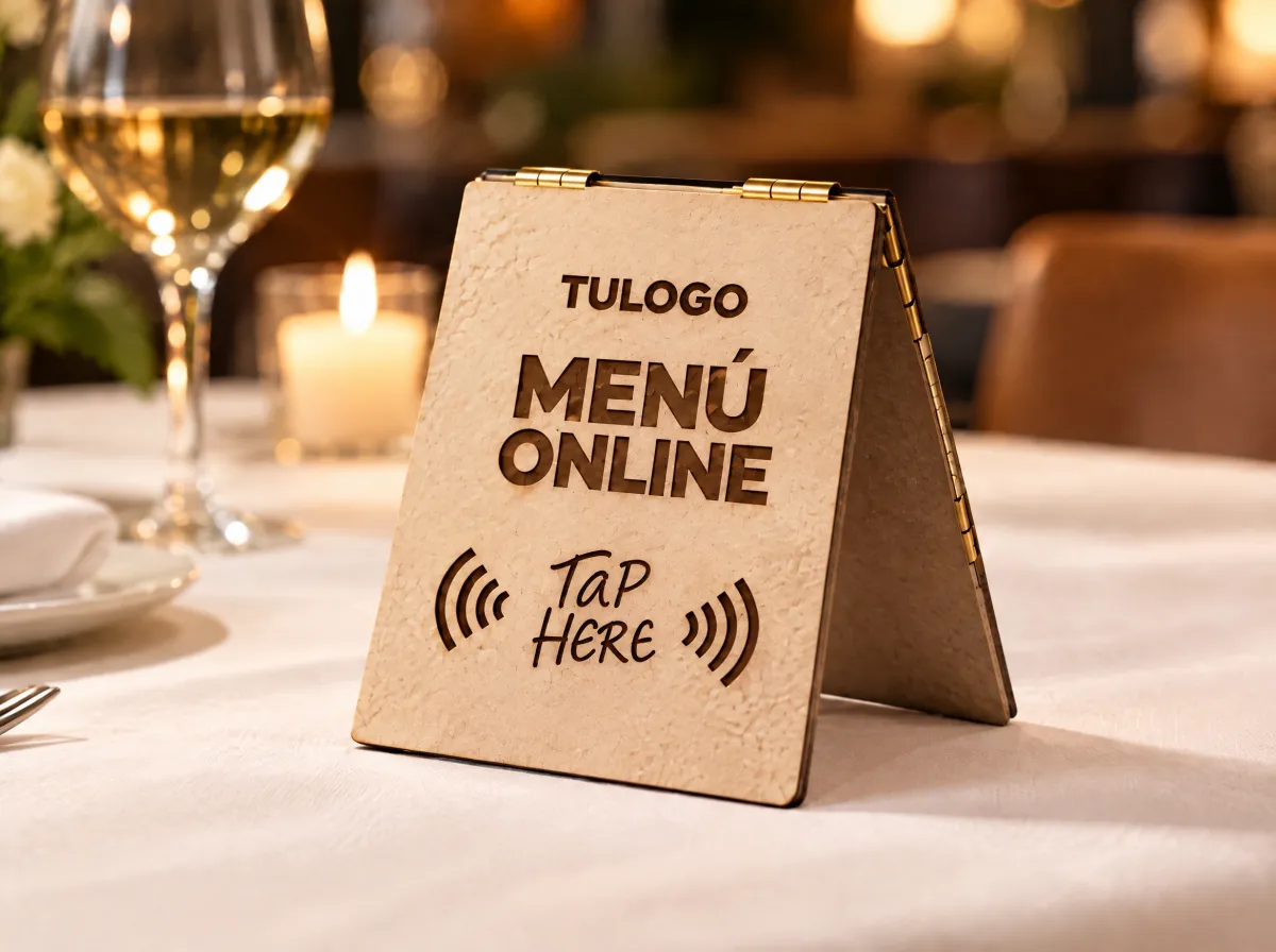 Modelo Plegable: menú de cartón piedra con bisagras, NFC y grabado láser sobre una mesa de restaurante con mantel blanco