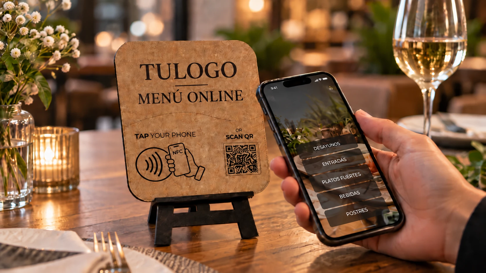 Menú físico cuadrado en una mesa de restaurante, con NFC y QR, junto a un celular que muestra las categorías del menú